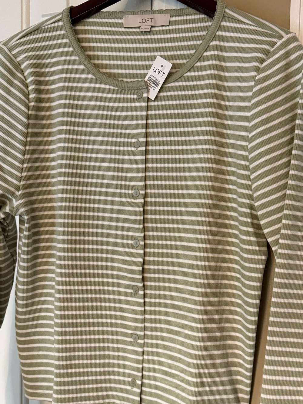 LOFT Striped Scalloped Ribbed Cardigan Brushed Sage Size XL NWT MSRP $60 - Picture 5 of 12